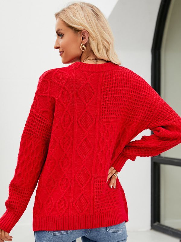Casual Round Neck Pullover Sweater Fall Winter Solid Color Cable Knot Pattern Tops Women Clothing - Image 6