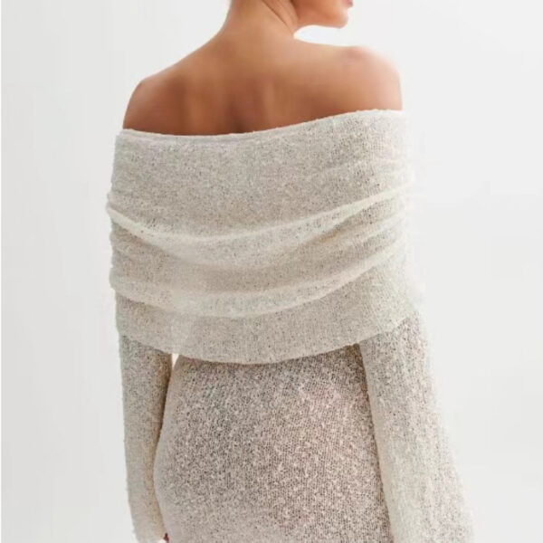 Women'S Spring Summer Knitted Dress Elegant Party Boat Neck Dress Infant Off Shoulder Bodycon Long Sleeve Fuzzy Short Club Chic Mini Dress - Image 5