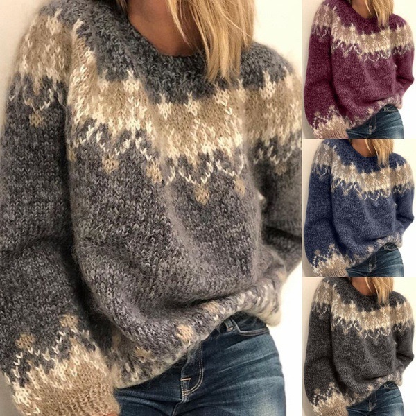 Casual Pullover Jacquard Sweater Autumn And Winter Fashion Ethnic Style Knitted Tops Women'S Clothing