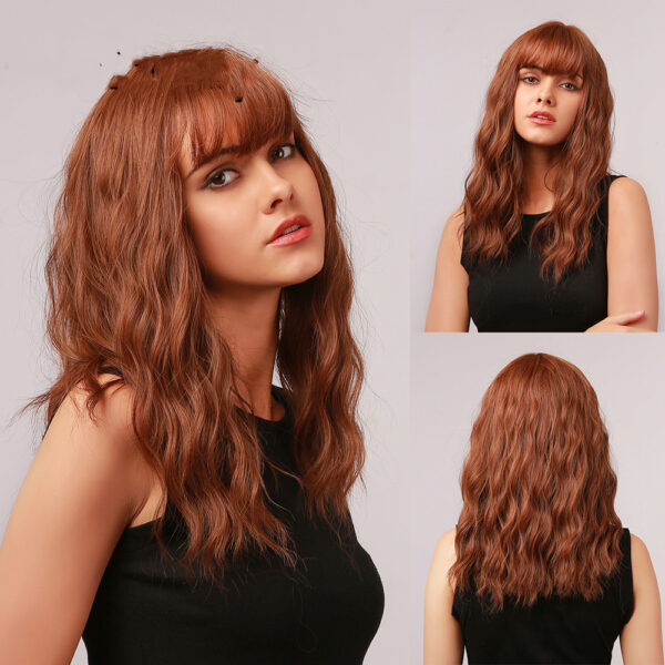 OneNonly Medium Length Curly Wave Ombre Brown Blonde Synthetic Wigs - Image 3