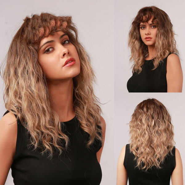 OneNonly Medium Length Curly Wave Ombre Brown Blonde Synthetic Wigs - Image 5