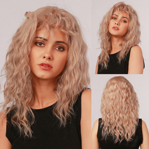 OneNonly Medium Length Curly Wave Ombre Brown Blonde Synthetic Wigs - Image 6