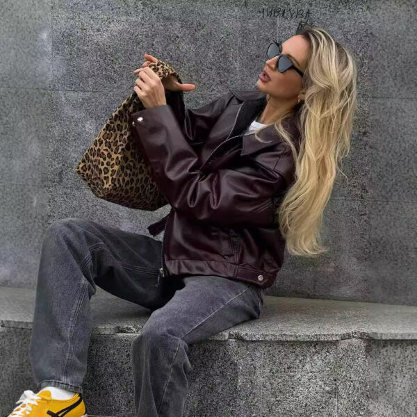 Solid Color Lapel Zipper Jacket Fashion Casual Long Sleeve Leather Coat Tops Women Clothing - Image 5