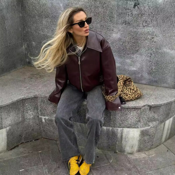 Solid Color Lapel Zipper Jacket Fashion Casual Long Sleeve Leather Coat Tops Women Clothing - Image 7