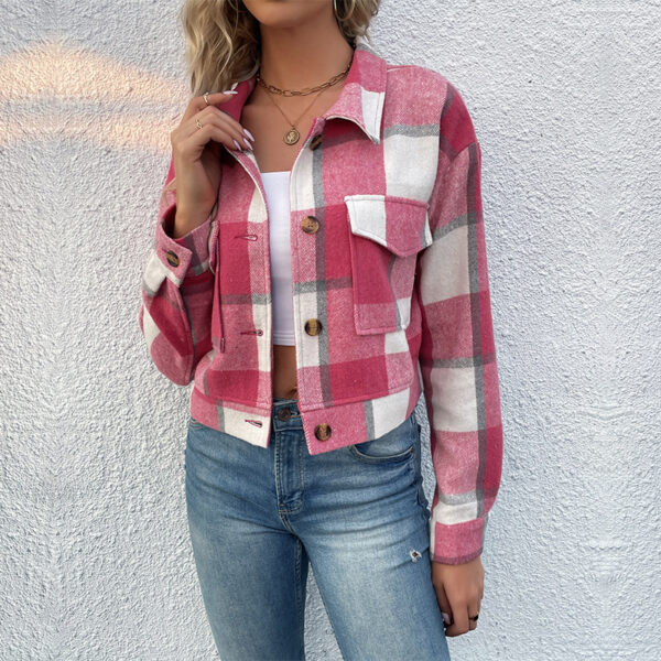 Plaid Lapel Cropped Jacket With Pockets Fashion Button Long Sleeve Short Outwear Tops Coat For Womens Clothing - Image 3