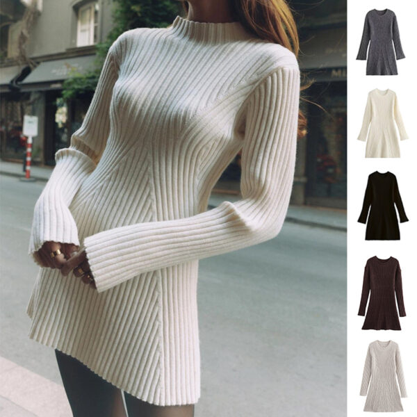 Fashion Solid Ribbed Knitted Dress Fall And Winter Slim Fit Stand Up Collar A Line Dresses Women'S Clothing