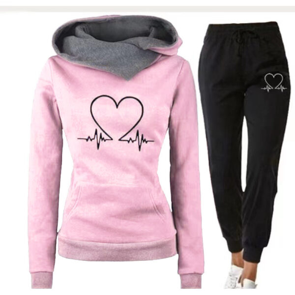 Love Heart Printed Sports Suit Hooded Sweatshirt Top And Drawstring Pants Fashion Casual Clothing For Women - Image 6