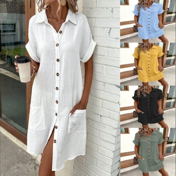 Summer Short Sleeve Shirt Dress Fashion Solid Color Single Breasted Mid Length Loose Dress