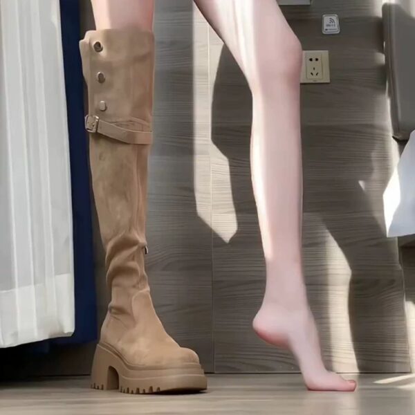 Thick Bottom Increased By Slim Fit Suede Knee High Boots - Image 3