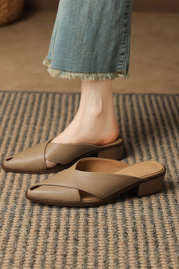 Chunky Heel Mid Heel Hollow Out High Grade Sense Closed Toe Slippers - Image 4