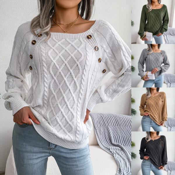 Square Neck Knitted Sweater With Button Design Winter Warm Long Sleeve Tops Women'S Clothing