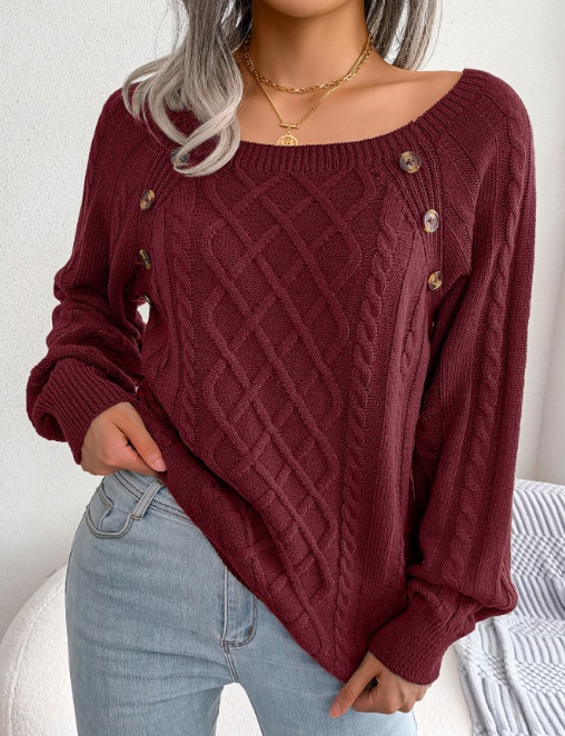 Square Neck Knitted Sweater With Button Design Winter Warm Long Sleeve Tops Women'S Clothing - Image 8