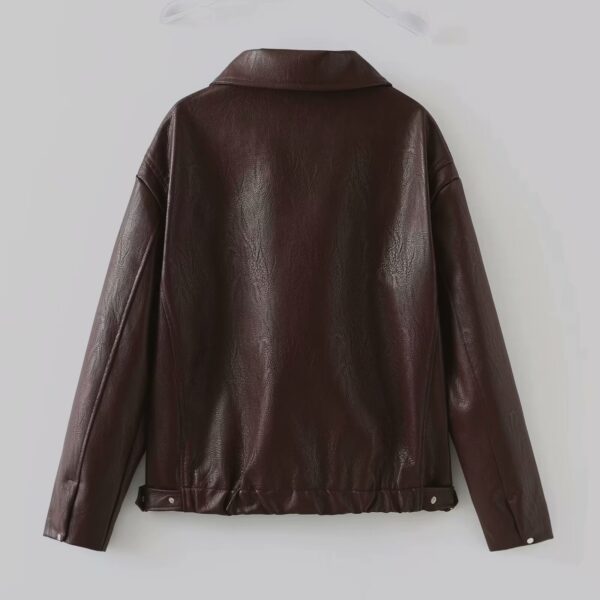 Solid Color Lapel Zipper Jacket Fashion Casual Long Sleeve Leather Coat Tops Women Clothing - Image 9