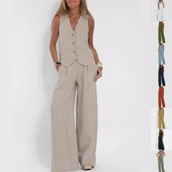 Summer Vest Suits V Neck Botton Sleeveless Top And Loose Straight Trousers Casual Womens Clothing