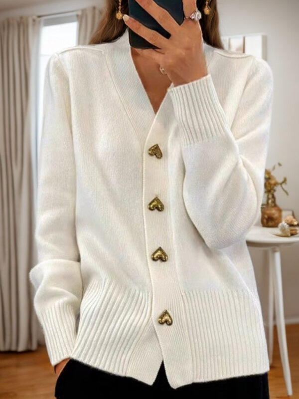 V Neck Knitted Sweater With Love Button Fashion Solid Long Sleeved Cardigan Spring And Autumn Women'S Clothing - Image 5