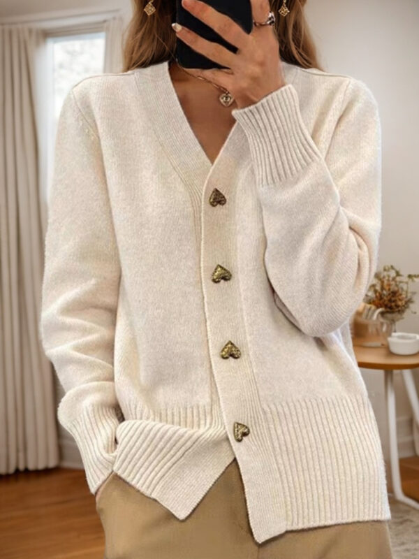 V Neck Knitted Sweater With Love Button Fashion Solid Long Sleeved Cardigan Spring And Autumn Women'S Clothing - Image 6