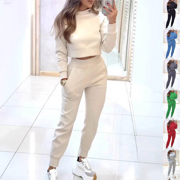 Stand Collar Sports Suit Fashion Pullover Long Sleeves Short Top And Slim Trousers With Pockets Solid Outfits Women'S Clothing