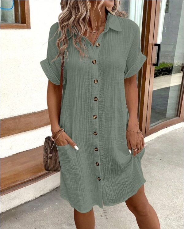 Summer Short Sleeve Shirt Dress Fashion Solid Color Single Breasted Mid Length Loose Dress - Image 9