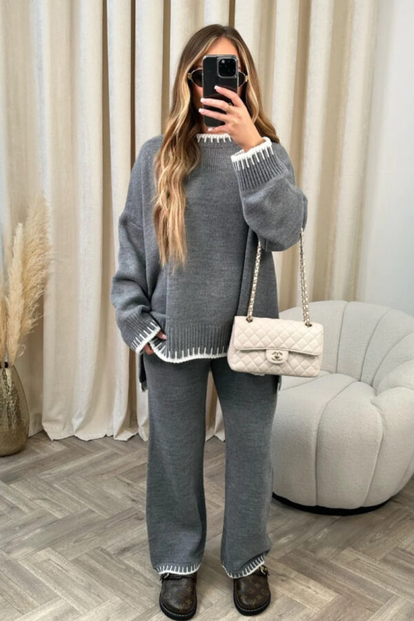 Women'S Suit Fashion Pullover Split Long Sleeved Top And Loose Straight Pants Solid Color Two Piece Set - Image 6