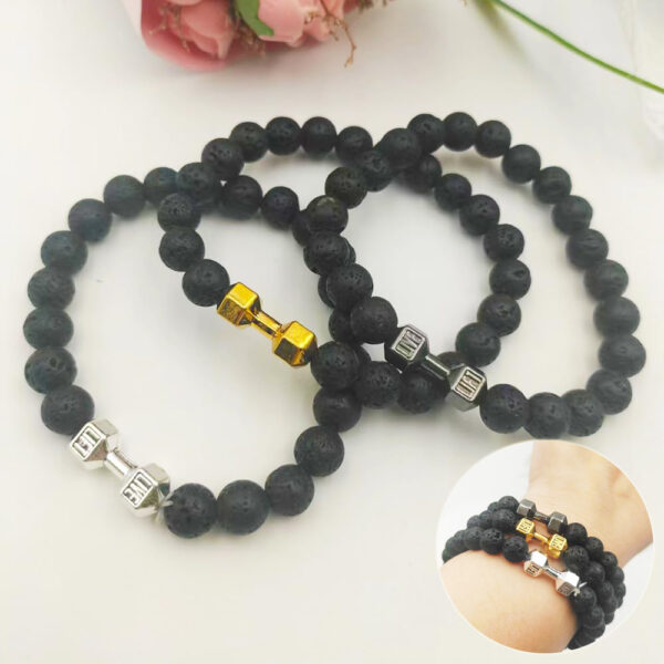 Men'S Jewelry Alloy Metal Barbell &Amp; Lava Rock Stone Beads Fitness Fashion Dumbbell Bracelet - Image 1