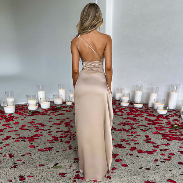 Sexy One Shoulder Backless Slit Dress Summer Elegant Slim Fit Solid Color Satin Dresses For Women - Image 3