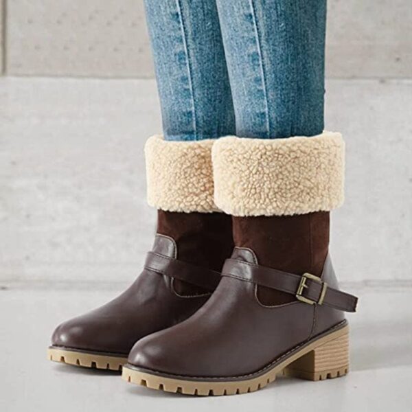 Fashion Boots With Buckle Chunky Heel Shoes Warm Winter Round Toe Western Boots For Women - Image 3
