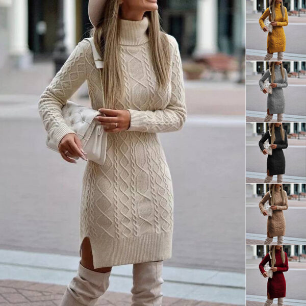 Fashion Turtleneck Knitted Dress With Slit Design Winter Warm Solid Color Pullover Long Sweater Women'S Clothing