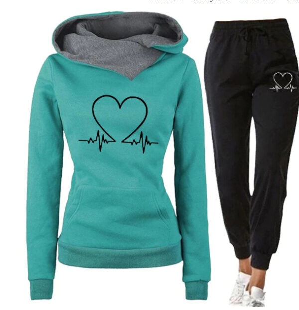 Love Heart Printed Sports Suit Hooded Sweatshirt Top And Drawstring Pants Fashion Casual Clothing For Women - Image 5