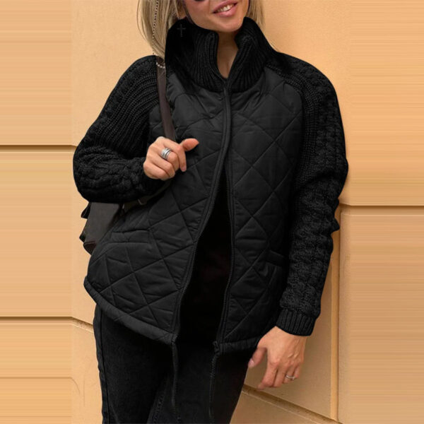 Stand Collar Cotton Jacket With Pockets Fashion Knitted Stitching Zipper Coat Winter Warm Tops For Women - Image 9