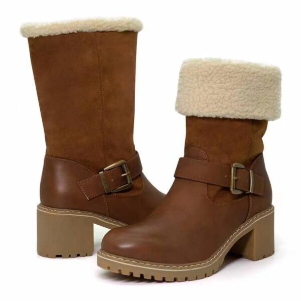 Fashion Boots With Buckle Chunky Heel Shoes Warm Winter Round Toe Western Boots For Women - Image 6