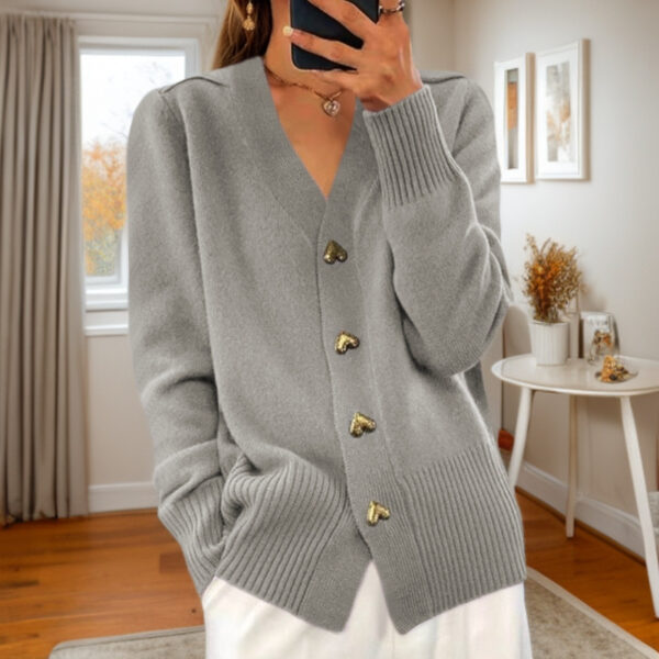 V Neck Knitted Sweater With Love Button Fashion Solid Long Sleeved Cardigan Spring And Autumn Women'S Clothing - Image 3