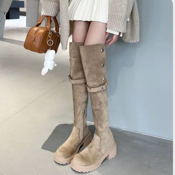 Thick Bottom Increased By Slim Fit Suede Knee High Boots - Image 7