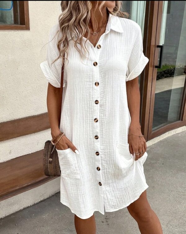 Summer Short Sleeve Shirt Dress Fashion Solid Color Single Breasted Mid Length Loose Dress - Image 5