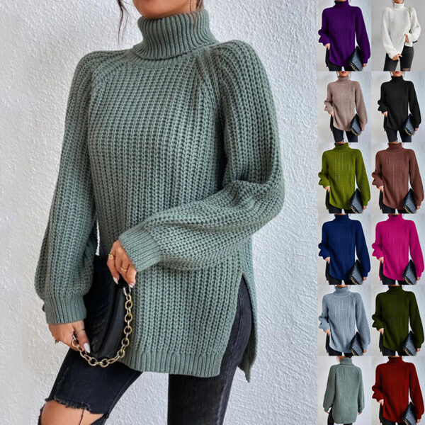 Turtleneck Pullover Sweater With Split Design Fashion Simple Solid Color Long Sleeve Tops Women'S Clothing