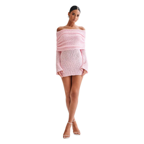Women'S Spring Summer Knitted Dress Elegant Party Boat Neck Dress Infant Off Shoulder Bodycon Long Sleeve Fuzzy Short Club Chic Mini Dress - Image 6