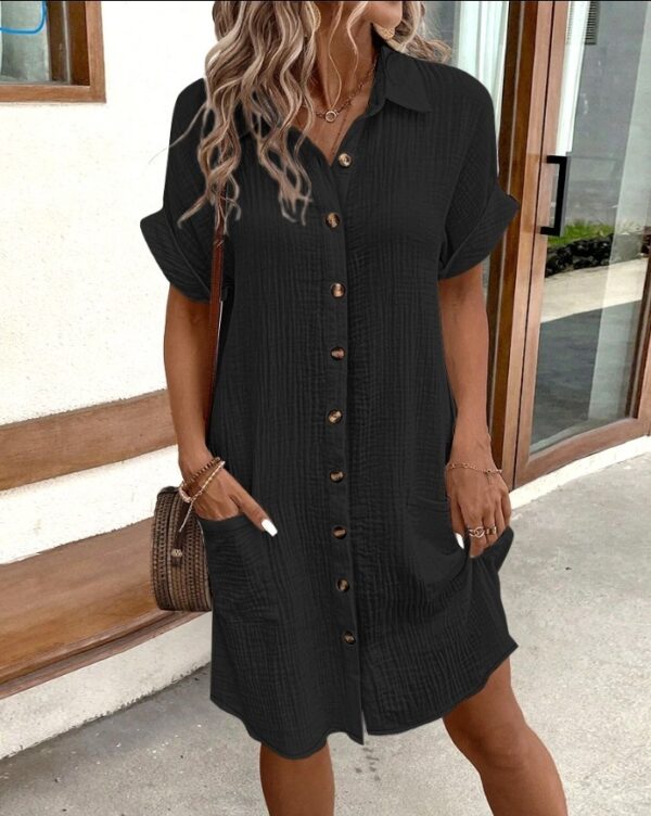 Summer Short Sleeve Shirt Dress Fashion Solid Color Single Breasted Mid Length Loose Dress - Image 7