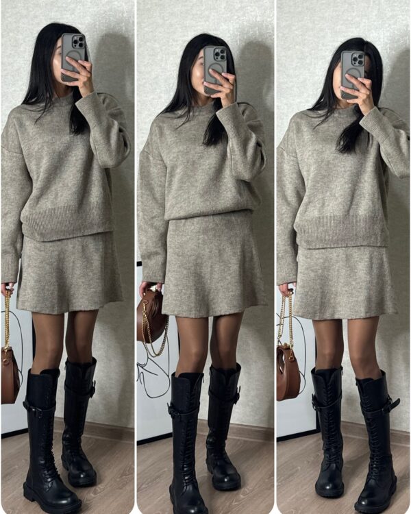 Sweater Skirt Sets For Women 2 Pieces Knit Casual Versatile Long Sleeve Pullover Elegant Solid High Waist Mini Skirt Outfit - Image 10