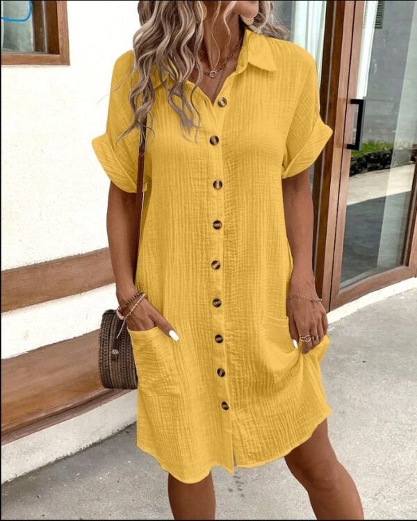 Summer Short Sleeve Shirt Dress Fashion Solid Color Single Breasted Mid Length Loose Dress - Image 6