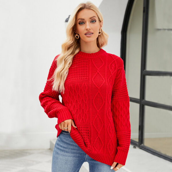 Casual Round Neck Pullover Sweater Fall Winter Solid Color Cable Knot Pattern Tops Women Clothing - Image 5