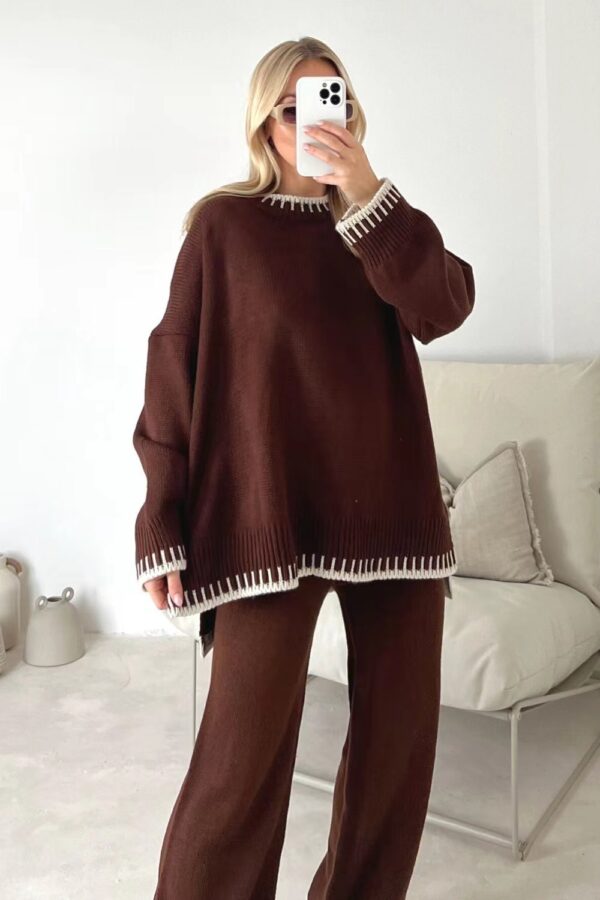 Women'S Suit Fashion Pullover Split Long Sleeved Top And Loose Straight Pants Solid Color Two Piece Set - Image 3