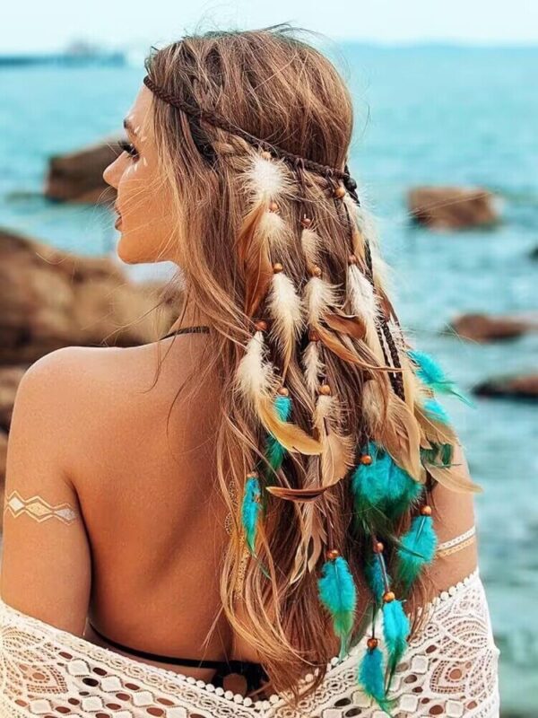 Bohemian Long Two Tone Feather Hair Band Feather Headwear - Image 9