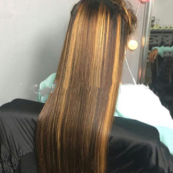 Colored Medium Length Straight Hair Brown-Gold Gradient Chemical Fiber Hair - Image 3