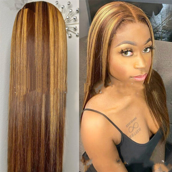 Colored Medium Length Straight Hair Brown-Gold Gradient Chemical Fiber Hair - Image 5