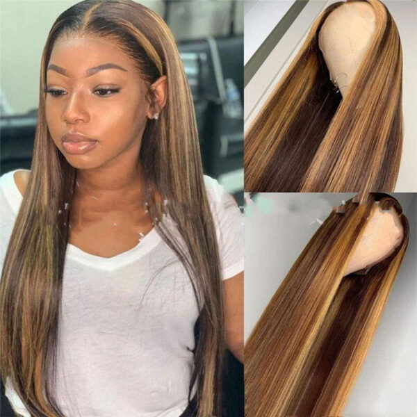 Colored Medium Length Straight Hair Brown-Gold Gradient Chemical Fiber Hair - Image 1