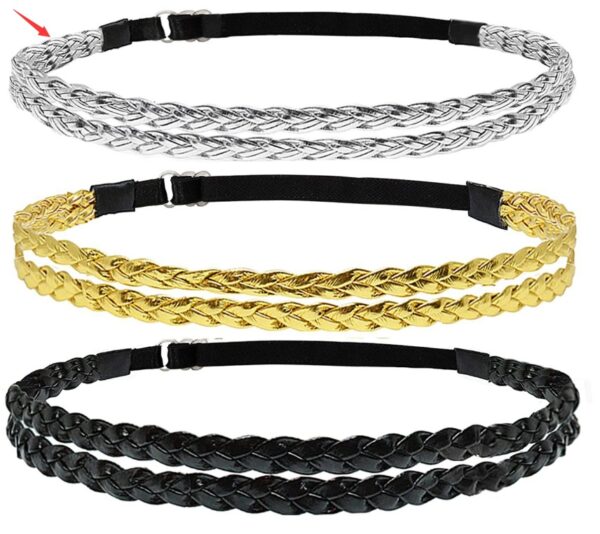 Adjustable Elastic Woven Headband Three Strands Twisted Gold Silver - Image 7