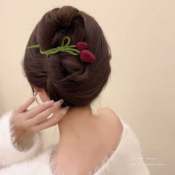 Flocking Tulip Barrettes Female Back Head Hair Updo - Image 5
