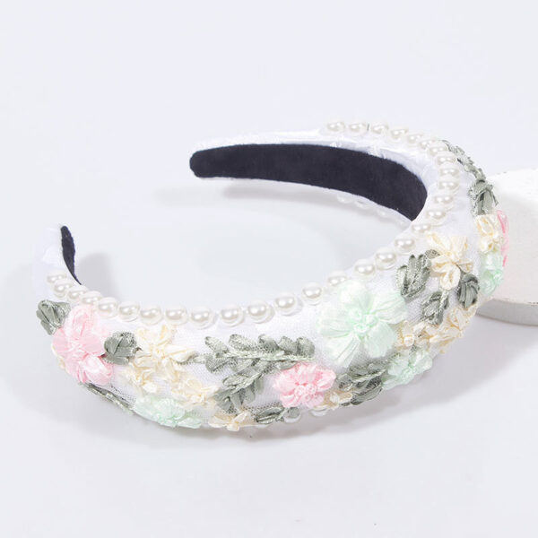 Imitation Pearl Retro Headband Floral Woven Fabric - Image 3