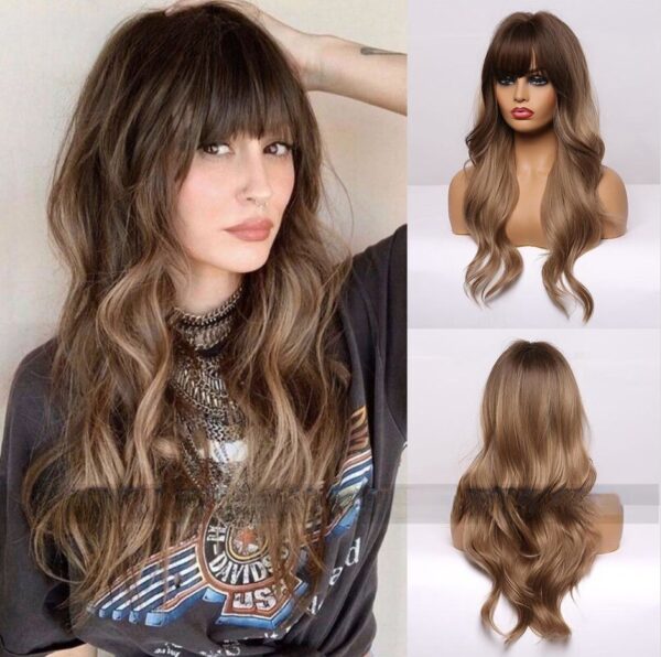 Women's Black Brown Bangs Long Curly Wig - Image 4