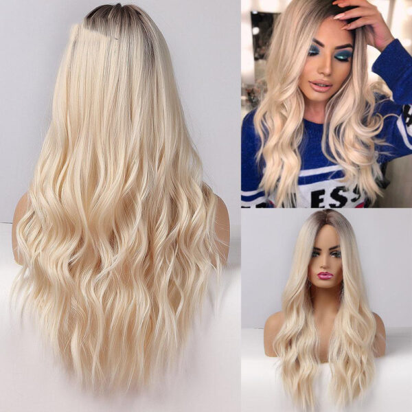 European And American Style Wig Female High-temperature Fiber Hair Brown Golden Gradient Medium Points Without Bangs Big Wave Curly Hair - Image 3
