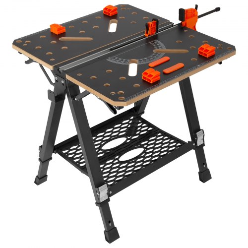 Folding Work Table, 2 In 1 As Sawhorse & Workbench, 1000 Lbs Capacity, 7 Adjustable Heights, Steel Legs, Portable Foldable Tool Stand With Wood Clamp, 4 Bench Dogs, 2 Hooks, Easy Garage Storage - Image 1